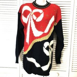 Vtg 80's Dana Scott Christmas Beaded sweater Red Black tunic length Large